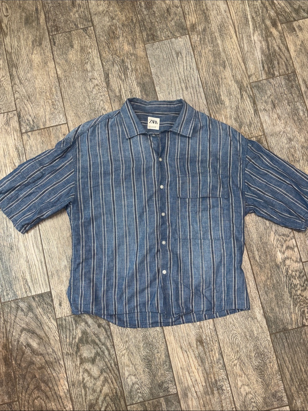 Zara Men Blue & White Vertical Stripe Short Sleeve Button-Down Shirt